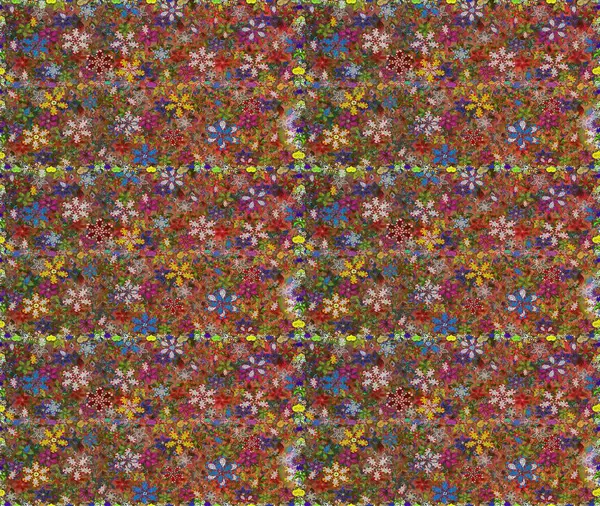 Raster çiçekleri klasik tarzda çizilmiş. Kahverengi ve yeşil renklerde bahar çiçekleri. Çiçekli, pürüzsüz bir desen. Raster illüstrasyonu.