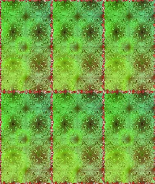 Çok yeşil ve kahverengi zarif küçük çiçekler ve yeşil ve kahverengi renkli komik böcekler, raster desen, illüstrasyon.