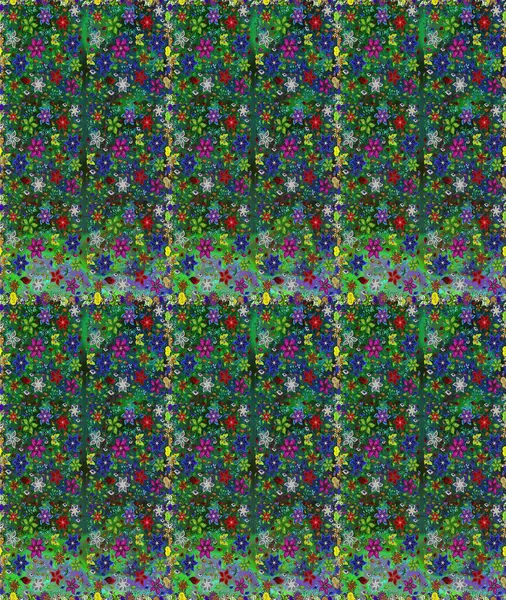 Raster Yumuşak kumaş deseni. Raster çiçek izi. Çiçek yeşili ve mavi pürüzsüz desen. Klasik taslak çizimi.