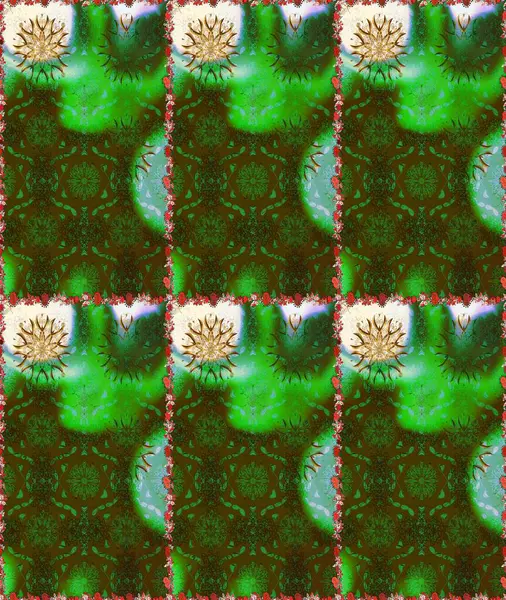 Raster illüstrasyonu. Yeşil ve kahverengi renkli çiçekler. Tropik, dikişsiz çiçek deseni..