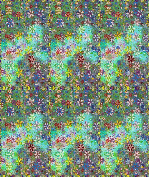 Raster illüstrasyonu. Kusursuz bir geçmişi var. Kumaş, tekstil, duvar kağıdı baskısı için. Renkli desenli kusursuz desen, yeşil ve mavi çiçekler ve dekoratif elementler. Antika retro tarzı.