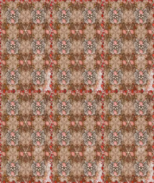 Raster - stok. Kusursuz bir arka plan modeli. Yapraklı çiçekler, kahverengi ve bej renklerinde papatya çiçekleri..