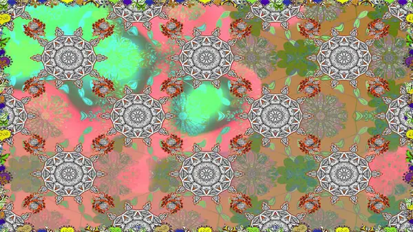 Gri ve yeşil renkte çiçekler. Renkli Bahar Temalı, pürüzsüz bir arka plan. Çiçekli, suluboya desenli kusursuz çiçek deseni. Düz Çiçek Elementleri Tasarım Raster illüstrasyonu.