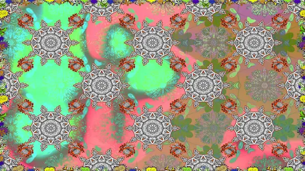 Suluboya, elle çizilmiş. Çiçekler gri ve yeşil üzerine. Kusursuz bir arka plan modeli. Raster stoku.