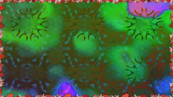 Raster illüstrasyonu. Yeşil ve kahverengi renkli çiçekler. Çiçeksiz desenli arka plan, vuruşlar, sıçramalar, yaz çiçekleri..