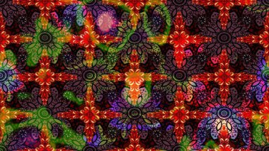 Çok renkli, zarif küçük çiçekler ve siyah renkli komik böcekler, raster desen, illüstrasyon..