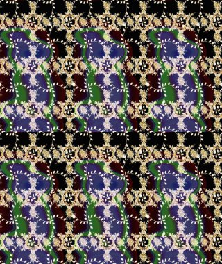 Şirin çiçekli eskiz deseni ve siyah, mor ve nötr renklerde yapraklar, suluboya çiçek deseni, duvar kağıdı, kart veya kumaş için fayanslı. Raster illüstrasyonu.