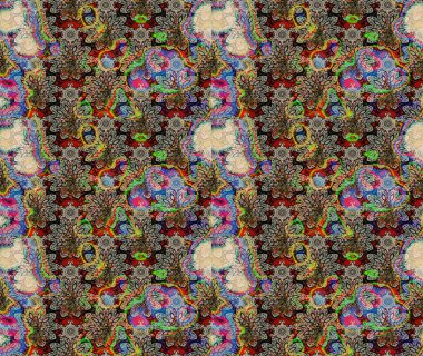 Halk tarzı. Moda baskıları için zarif bir şablon. Modern çiçek arkaplanı. Rengarenk çiçekleri ve doğal renklerde yaprakları olan harika bir çiçek deseni..