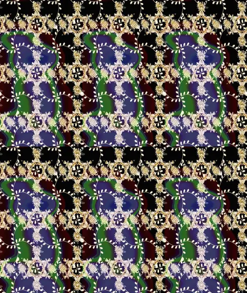 Şirin çiçekli eskiz deseni ve siyah, mor ve nötr renklerde yapraklar, suluboya çiçek deseni, duvar kağıdı, kart veya kumaş için fayanslı. Raster illüstrasyonu.