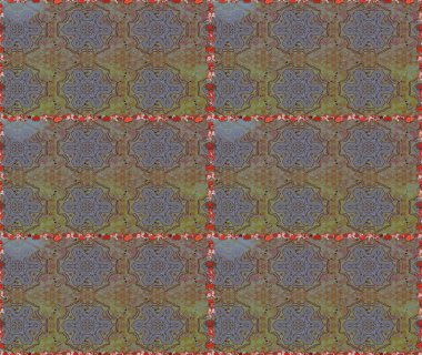 Renkli Bahar Temalı Kusursuz Arkaplan. Düz Çiçek Elementleri Tasarımı. Raster illüstrasyonu. Kahverengi ve gri renkli çiçekler. Asya tekstil tarzında. Kusursuz çiçek deseni.