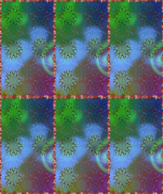 Yumuşak, bahar çiçekleri mavi ve yeşil renklerde. Raster illüstrasyonu. Çiçek ve yapraklı karalama şeklinde Raster çiçek deseni.