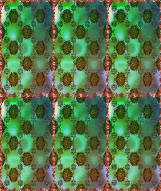 Yeşil ve kahverengi, yeşil ve kahverengi. Retro tekstil tasarım koleksiyonu. El çizimi çiçek unsurları olan soyut, dikişsiz raster deseni. 1950-1960 motifleri. Çiçekli ipek eşarp..