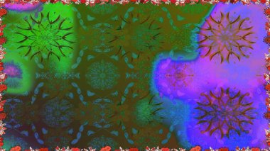 Sevimli çiçek raster deseni. Renkli Bahar Temalı Kusursuz Arkaplan. Yeşil ve mor renkli çiçekler. Düz Çiçek Elementleri Tasarımı.