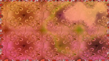 Manzaralı çiçek deseni. Üst manzara, yumuşak turuncu ve kahverengi renkli. Sevgililer günü ve tebrik kartı konsepti için şık bir davetiye. Çiçek kompozisyonu, el boyası, hassas şablon..