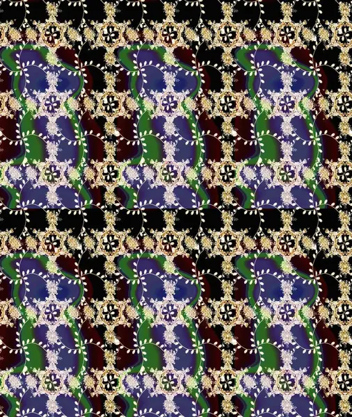 Şirin çiçekli eskiz deseni ve siyah, mor ve nötr renklerde yapraklar, suluboya çiçek deseni, duvar kağıdı, kart veya kumaş için fayanslı. Raster illüstrasyonu.