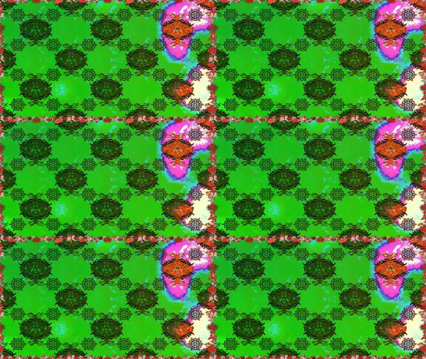 Yeşil ve gri renkte etnik çiçeklerle kusursuz bir desen. Raster Çiçek İllüstrasyon Şirin Tekstil.