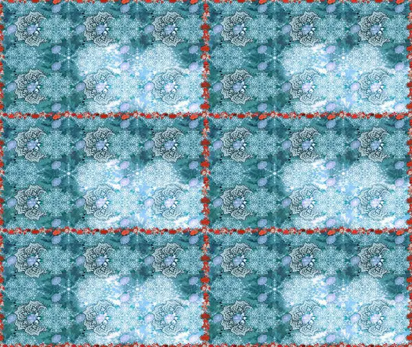 Elle çizilmiş çiçek deseni (fayans). Tekstil için dikişsiz suluboya desen. Sevimli çiçeklerle, desenli, mavi renklerle renksiz desen.