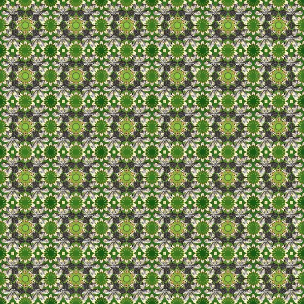 Kına dövmeli süs çiçekleri, altın çıkartmalar, mehndi ve yoga tasarımı, kartlar ve parmak izleri. Tarafsız, gri ve yeşil renklerde desen. Raster altın mehndi kusursuz desen.