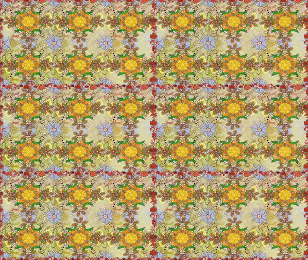 Raster Çiçek İllüstrasyonu güzel tekstil. Tarafsız ve bej renklerde etnik çiçeklerle kusursuz bir desen..