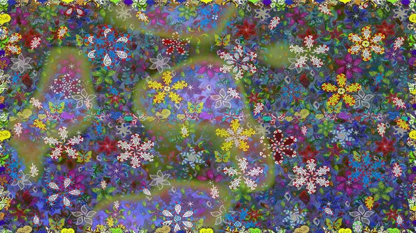 Suluboya, elle çizilmiş. Raster illüstrasyonu. Kusursuz bir arka plan modeli. Yeşil ve mavi yapraklı yabani çiçekler.