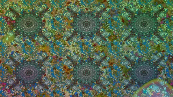 Raster illüstrasyonu. Yeşil ve mavi renkte çiçekler. Şatafatlı bahar bahçesi dokusu. Çiçek deseni. Çiçeksiz yeşil ve mavi renkler.