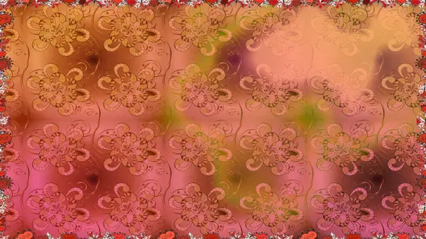 Manzaralı çiçek deseni. Üst manzara, yumuşak turuncu ve kahverengi renkli. Sevgililer günü ve tebrik kartı konsepti için şık bir davetiye. Çiçek kompozisyonu, el boyası, hassas şablon..