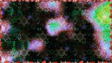 Raster illüstrasyonu. Kusursuz bir geçmişi var. Renkli şal desenli, siyah ve gri çiçekli ve dekoratif elementli kusursuz desen. Eski usul. Kumaş, tekstil ve duvar kağıdı baskısı için..