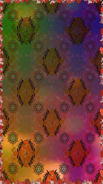 Raster illüstrasyonu. Çiçeklerle suluboya desenli çiçek deseni. Kahverengi ve yeşil renkli Asyalı tekstil.