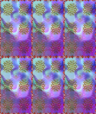 Mor ve mavi zarif küçük çiçekler ve menekşe ve mavi renklerdeki komik böcekler, raster desen, illüstrasyon.