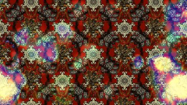 Raster deseni. Raster illüstrasyonu. Patlayan çiçekler soyut olarak yerleştirilmiş. Nazikçe, bahar çiçekleri kahverengi, gri ve kırmızı renklerde.