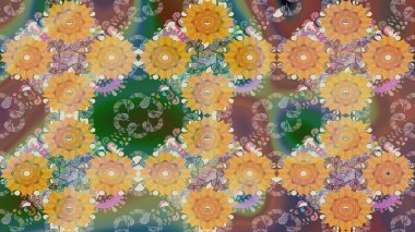 Düz Çiçek Elementleri Tasarımı. Asya tekstil tarzında. Renkli Bahar Teması eskiz kalıbı. Raster illüstrasyonu. Çiçek desenli çizim. Güzel kumaş deseni.