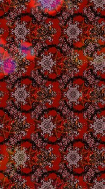 Kahverengi, kırmızı ve siyah renkli bitkilerden oluşan parlak çiçekli çizim deseni.