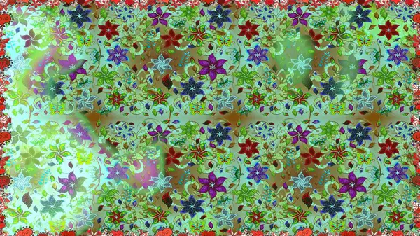 Raster Çiçek İllüstrasyonu güzel tekstil. Yeşil ve nötr renklerdeki etnik çiçeklerle kusursuz bir desen..
