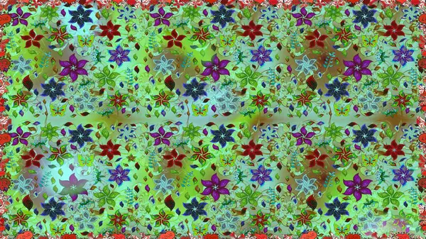 Tekstil ve kapak tasarımı için mükemmel. Yeşil ve mavi renkte çiçekler. Renkli yeşil ve mavi pürüzsüz desen. El çizimi dikişsiz sonbahar çiçekleri deseni. Doodle tarzı.