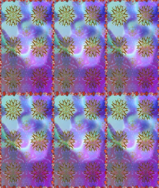 Mor ve mavi zarif küçük çiçekler ve menekşe ve mavi renklerdeki komik böcekler, raster desen, illüstrasyon.