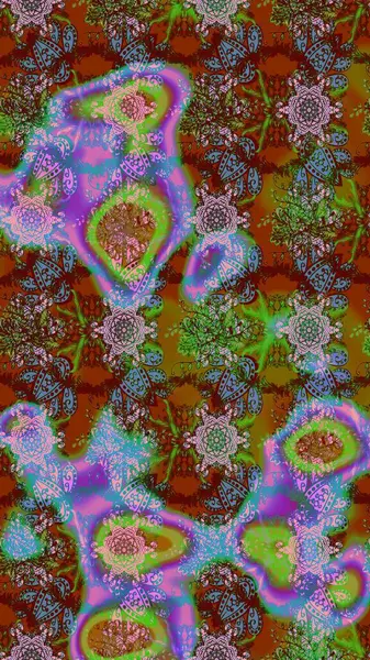 Küçük çiçekteki sevimli çiçek deseni. Birçok kahverengi, yeşil ve mavi soyut çiçekli tropik eskiz deseni. Varicolobrown, yeşil ve mavi raster çizimi.