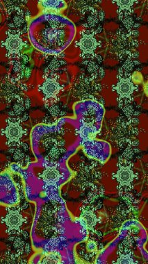 Eskiz geçmişi. Raster illüstrasyonu. Eski usul. Renkli desenli eskiz deseni, yeşil, kırmızı ve gri çiçekler ve dekoratif elementler. Kumaş, tekstil ve duvar kağıdı baskısı için..