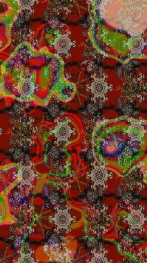 Kabile sanatı boho baskısı, klasik çiçek arkaplanı. Arkaplan dokusu, duvar kağıdı kahverengi, kırmızı ve bej renkli çiçek teması. Soyut etnik raster çizim kalıbı.