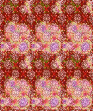 Raster. Kırmızı ve pembe renkte güzel çiçeklerle kusursuz desen, suluboya çiçek deseni, duvar kağıdı, kart veya kumaş için fayanslı.