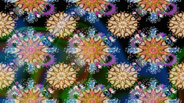 Çiçek çelengi. Kıvırcık, parlak örgü. Desen, çizim, çiçek sınırı. Eski moda arka plan. Raster illüstrasyonu. Güzel, pürüzsüz kumaş, tuval..