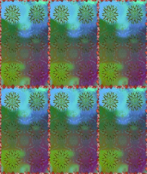 Yeşil ve mavi renkte çiçekler. Renkli Bahar Temalı Kusursuz Arkaplan. Sevimli çiçek raster deseni. Düz Çiçek Elementleri Tasarımı.