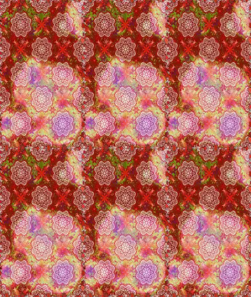 Raster. Kırmızı ve pembe renkte güzel çiçeklerle kusursuz desen, suluboya çiçek deseni, duvar kağıdı, kart veya kumaş için fayanslı.