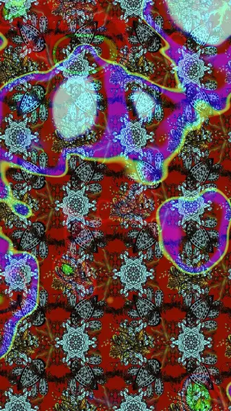 Raster deseni. Bahar çiçekleriyle desen dallı, kırmızı, mavi ve kahverengi renkler çiçekli siluet.