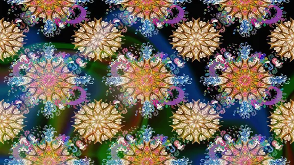 Çiçek çelengi. Kıvırcık, parlak örgü. Desen, çizim, çiçek sınırı. Eski moda arka plan. Raster illüstrasyonu. Güzel, pürüzsüz kumaş, tuval..