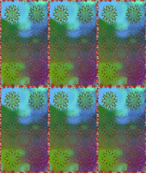 Yeşil ve mavi renkte çiçekler. Renkli Bahar Temalı Kusursuz Arkaplan. Sevimli çiçek raster deseni. Düz Çiçek Elementleri Tasarımı.