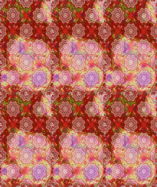 Raster. Kırmızı ve pembe renkte güzel çiçeklerle kusursuz desen, suluboya çiçek deseni, duvar kağıdı, kart veya kumaş için fayanslı.