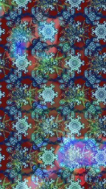 Halk tarzı. Moda baskıları için zarif bir şablon. Modern çiçek arkaplanı. Parlak renkli çiçekleri ve mavi, kahverengi ve nötr renklerde yaprakları olan inanılmaz bir çiçek deseni..