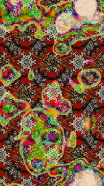 Kahverengi, kırmızı ve yeşil renkler. El çizimi, soyut ve süslü elementler. Yaz çiçekleri teması. Suluboya resim taklit Raster çizimi. Klasik çiçekler..