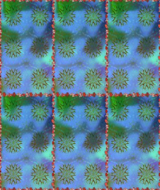 3 boyutlu çiçekler, pürüzsüz. Raster illüstrasyonu. Mavi ve yeşil renklerde.