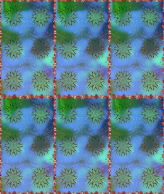 3 boyutlu çiçekler, pürüzsüz. Raster illüstrasyonu. Mavi ve yeşil renklerde.